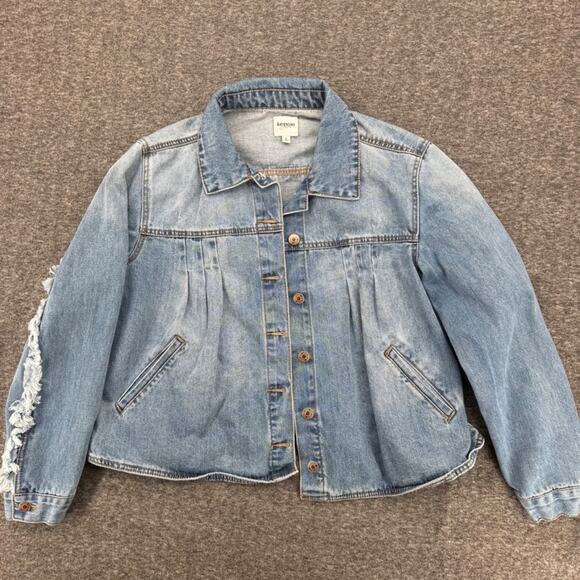 Kensie Jeans Jackets & Blazers - Kensie Jeans Women Blue Denim Jacket Fringe Trim Pleated Front Light Wash Size L